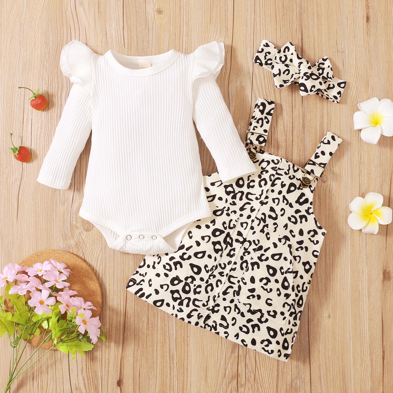 Lioraitiin 0-18M Newborn Infant Baby Girl 3Pcs Autumn Fashion Clothing Set Long Sleeve Solid Bodysuit Top Leopard Skrit