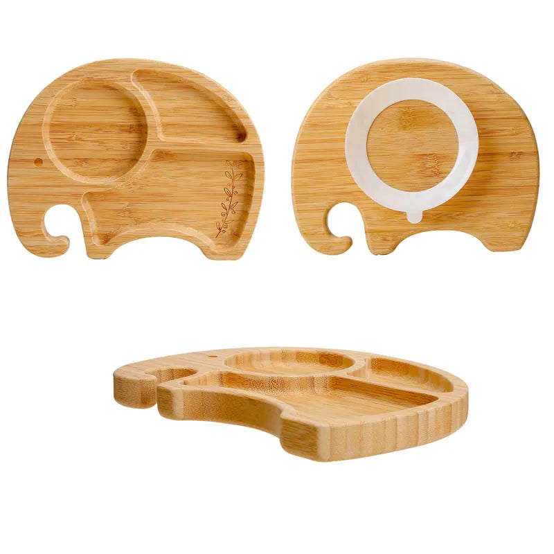 1PC Bamboo Wooden Dinnerware Baby Feeding Accessories Cartoon Animals Elephant Dinner Plate With Sucker Baby Products Gifts