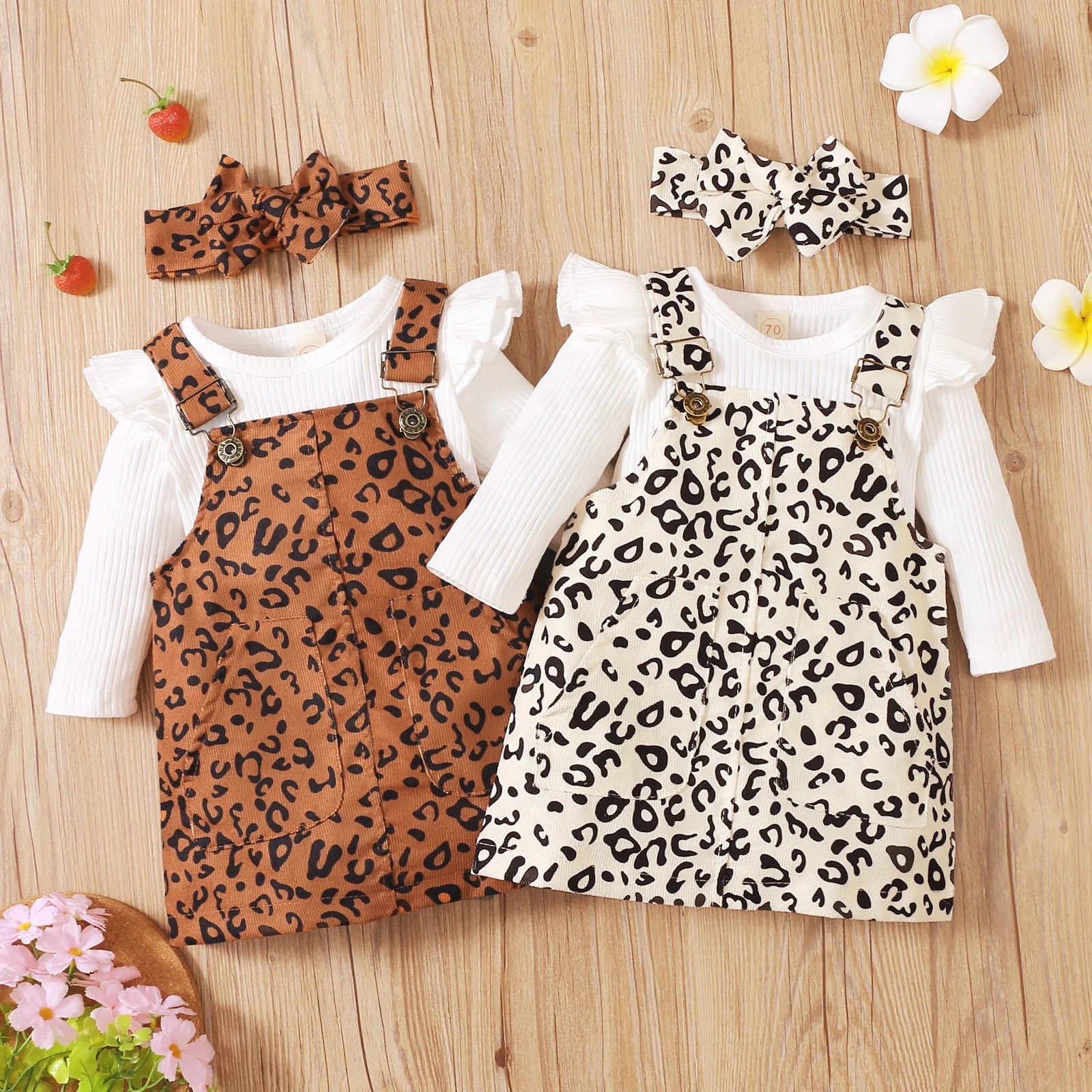 Lioraitiin 0-18M Newborn Infant Baby Girl 3Pcs Autumn Fashion Clothing Set Long Sleeve Solid Bodysuit Top Leopard Skrit