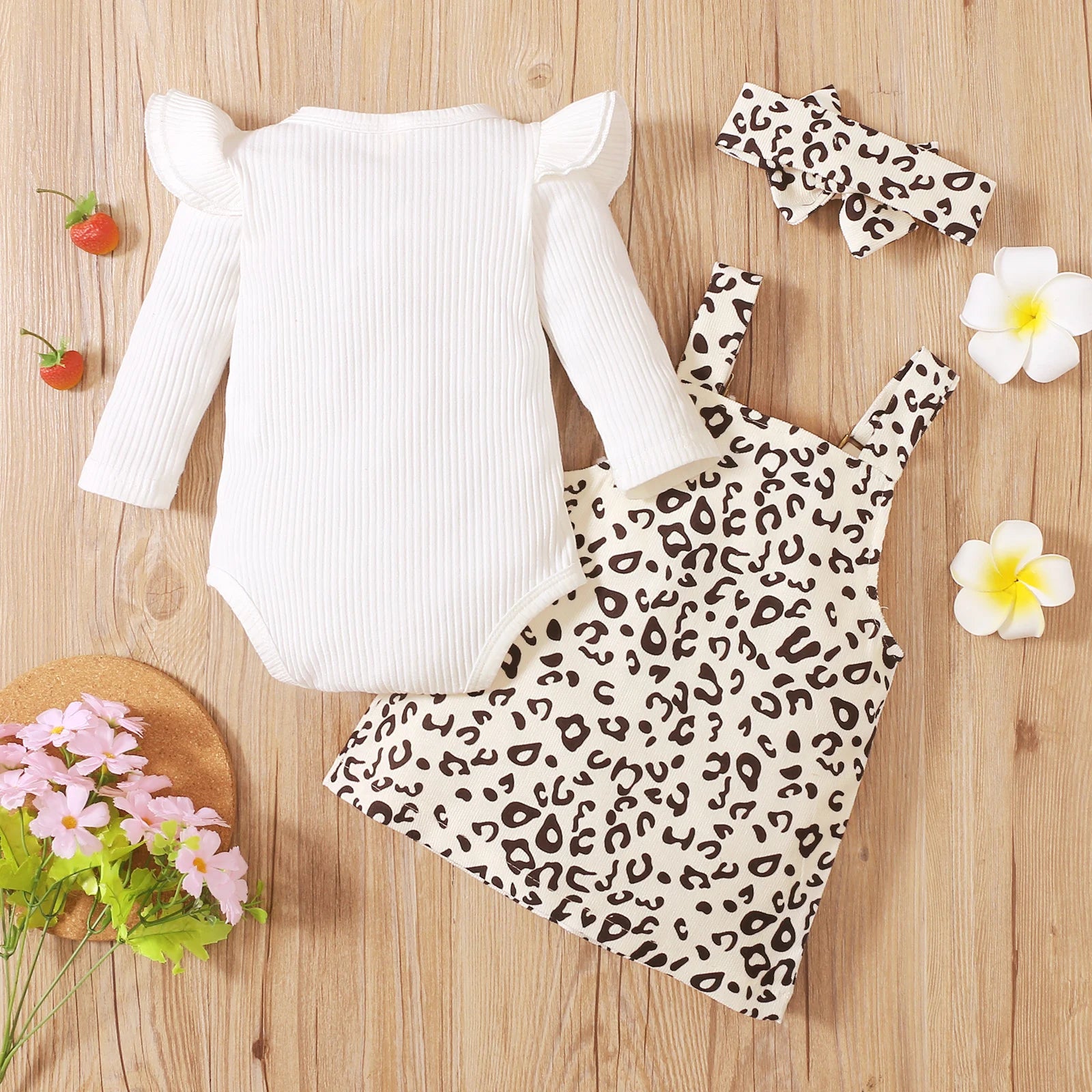 Lioraitiin 0-18M Newborn Infant Baby Girl 3Pcs Autumn Fashion Clothing Set Long Sleeve Solid Bodysuit Top Leopard Skrit