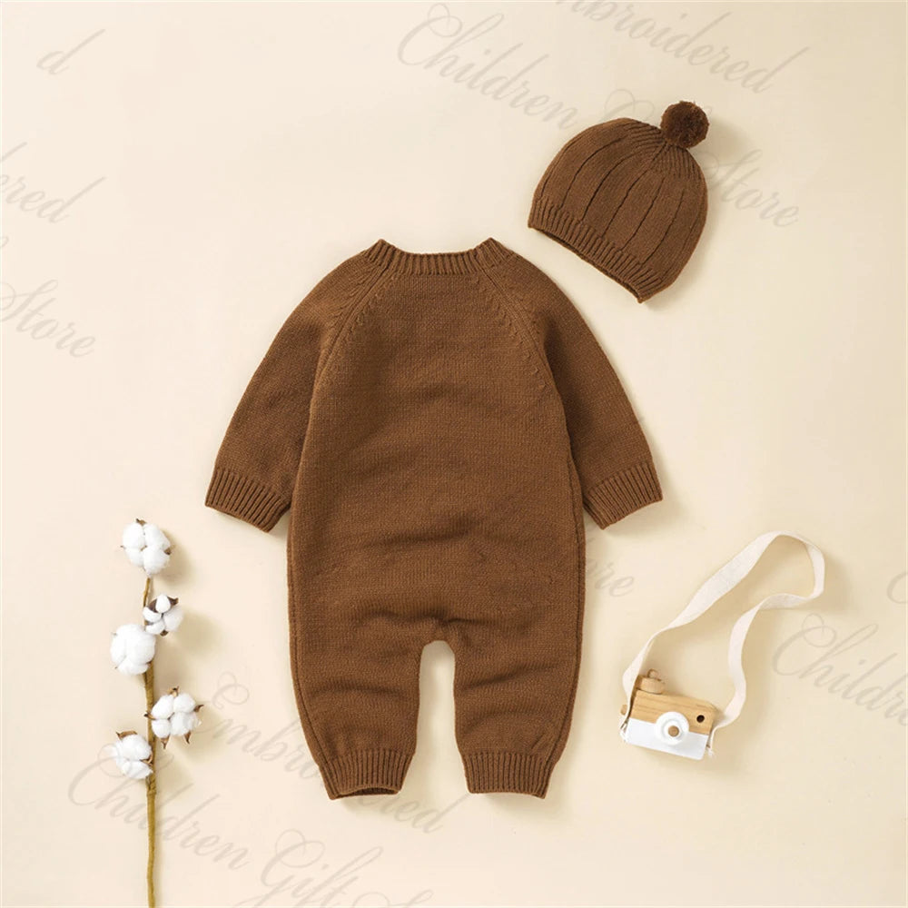 Baby knitted Jumpsuit with Hat Custom Embroidered Name Newborn Boys Girls Birth Gift Sweater Personalized Cute Crawling Suit Set