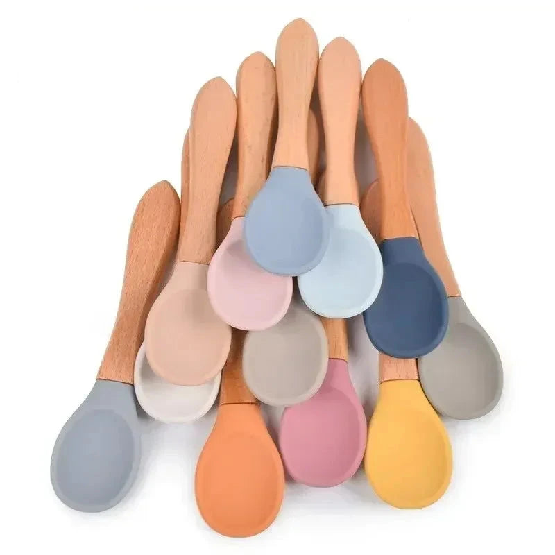 Baby Soft Silicone Spoon Candy Color Safety Baby‘ Learning Wood ‘Spoon Non-Slip Spoon’ Children Kids Boy Girl Food Feeding Tools