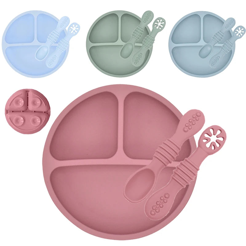 3Pcs  Baby Safe Silicone Suction Dining Plate Learning Spoons Set Feeding Toddler Training Tableware Retro Kids Smile Face Plate