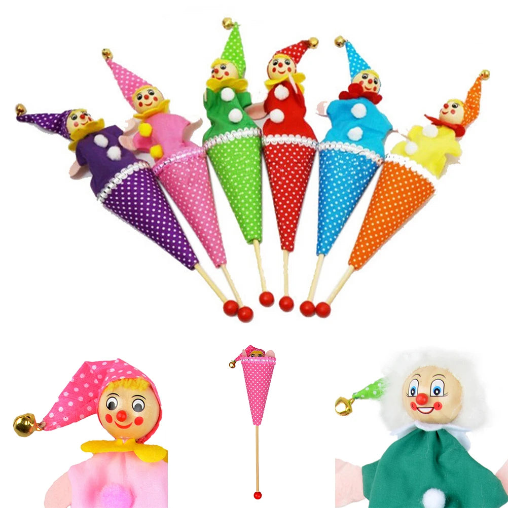 1PCS Creative Wooden Clown Puppet Toy Baby Kids Educational Toys Bell Hide Seek Telescopic Doll Decorations Random Color