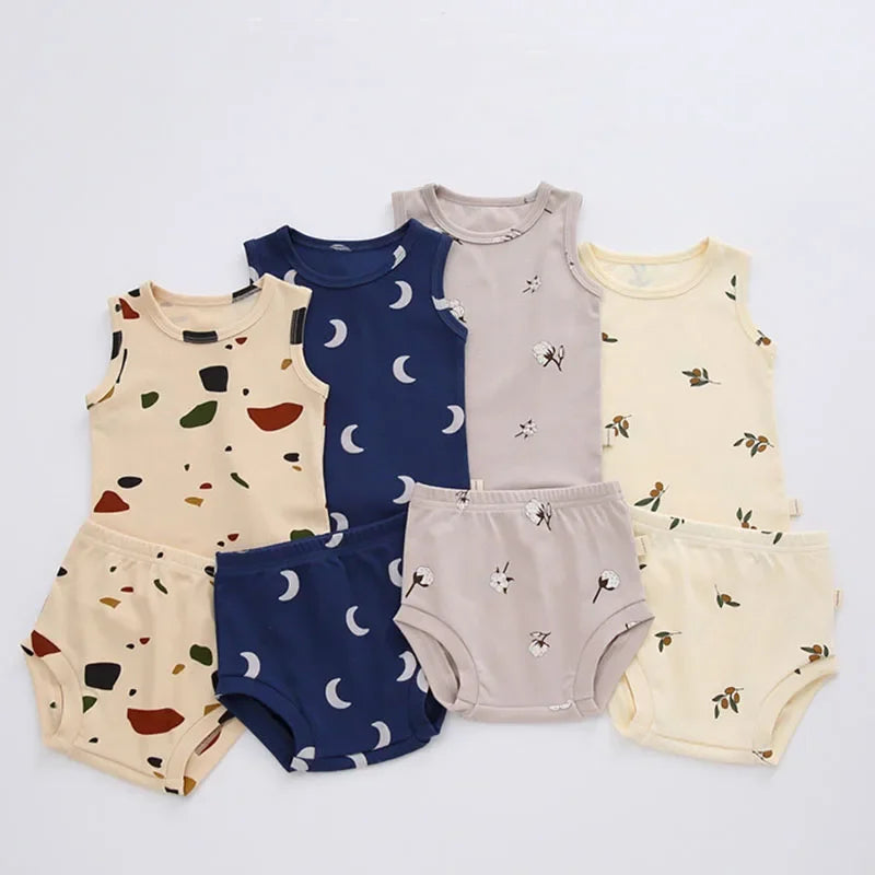 0-3T Newborn Kid Baby Boys Girls Clothes set Summer Print Tank Top Shorts set Cute Sweet Cotton 2pcs Clothing set Home wear