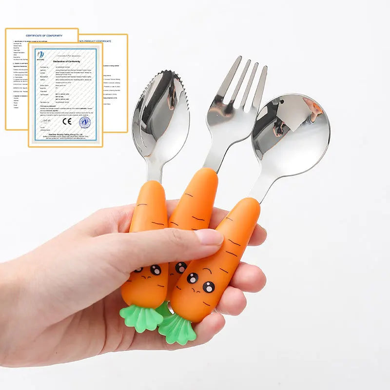 Children Carrots Tableware Set 3PCS Stainless Steel Spoon Fork Flatware With Box Kids Dinnerware Baby Feeding Kitchen Supplies