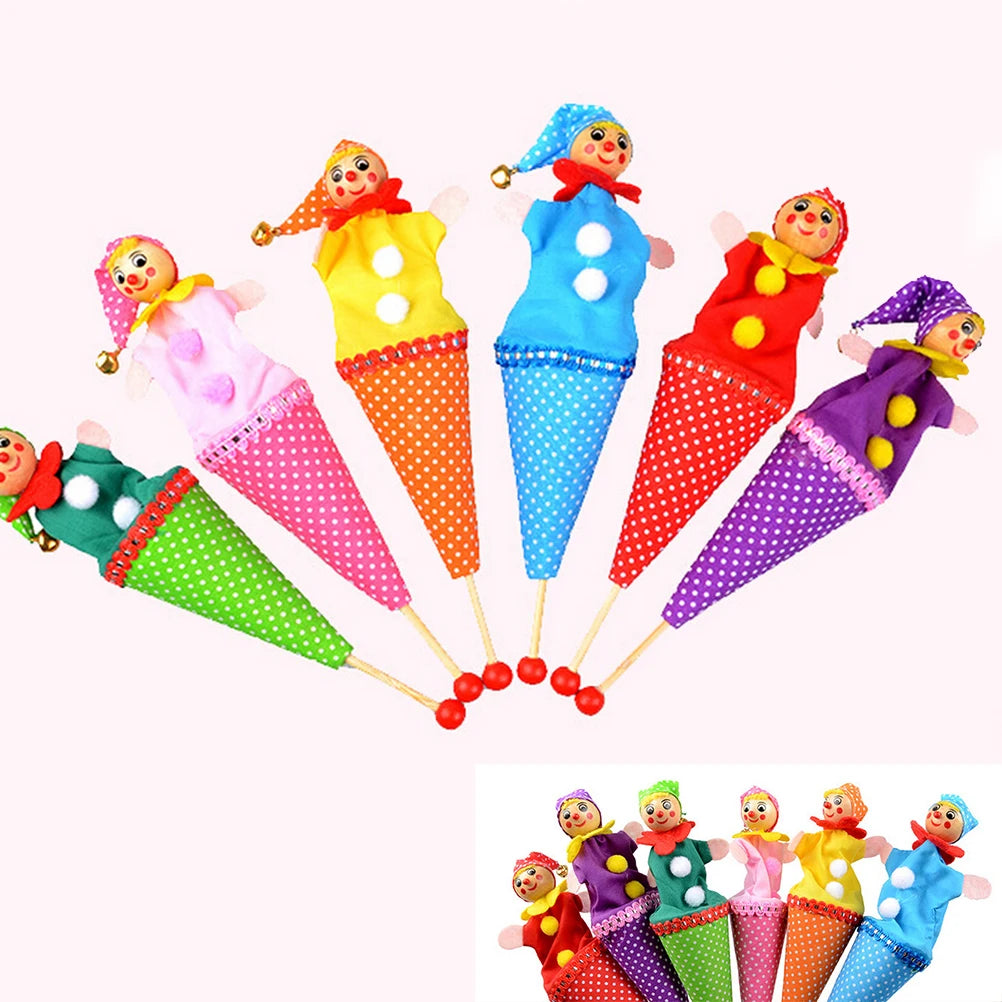 1PCS Creative Wooden Clown Puppet Toy Baby Kids Educational Toys Bell Hide Seek Telescopic Doll Decorations Random Color